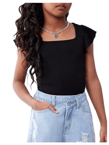 WDIRARA Girl's Square Neck Ruffle Cap Sleeve T Shirt Tee Casual Rib Knit Top