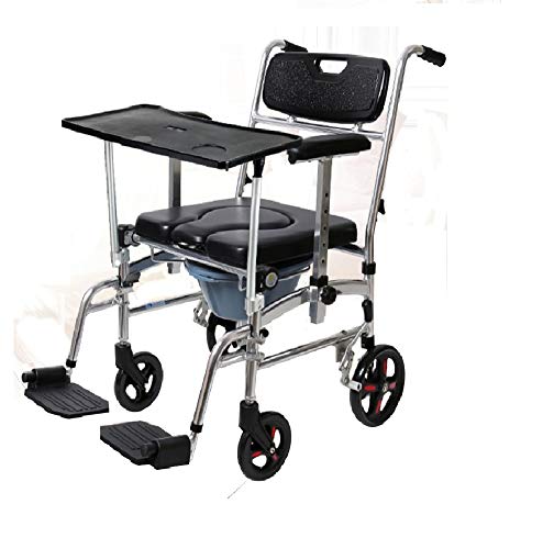 Commode Toilet Shower Chair with Wheels Folding - Lightweight Transport Wheelchair Potty Chair with Detachable Arms for Old People Patient, Locking Casters and Thick Padded Seat (with Dining Tray)