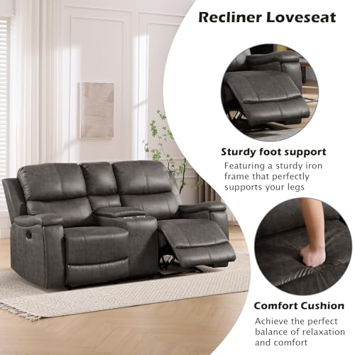 Image of CANMOV Faux Leather Manual Reclining Sofa Set, 2 Manual Single Recliner Chairs and 2 Seat Recliner Loveseat with Center Console, Hidden Storage and Cup Holders for Living Room,Bedroom Furniture,Grey