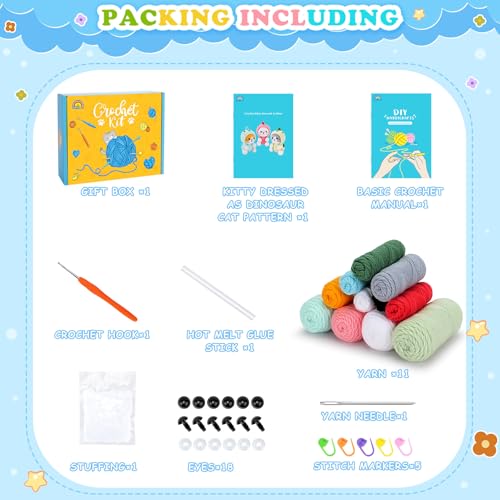 Image of Crochet Kit for Beginners - 3 PCS Dinosaur Cat Crochet Kits with Step-by-Step Video Tutorials, Beginner Crochet Kit for Adults, Crochet Animal Kit for Starters, Cat Dressed as Dinosaur Crochet Set