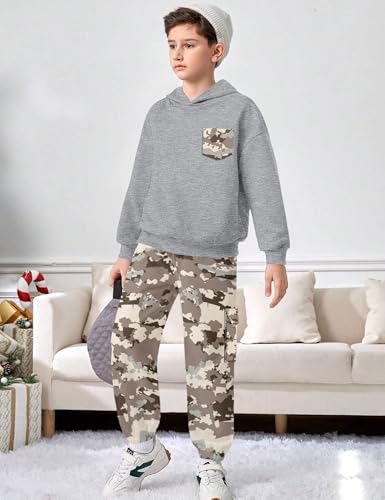 Image of KANGKANG Boys Clothes Two Piece Long Sleeve Hooded Sweatshirt Top Camouflage Sweatpants Fall Outfits Winter Clothes Set 6-16Y