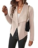 BTFBM Womens Faux Suede Jackets Dressy Spring Summer Clothes 2025 Lapel Long Sleeve Open Front Cropped Outerwear Coats(Solid Beige Apricot, Medium)