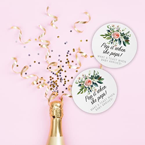 Pop It When She Pops Champagne Tag | 30 Pack | 2.5\" inch Circle with Pre-Cut Hole | Baby Shower Party Favor Tag | Floral Design for Baby Shower Party Favor