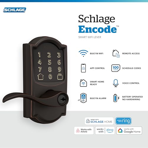 Image of Schlage Encode Smart WiFi Lock, Lever Handle, Camelot Trim, Aged Bronze | Keyless door lock with handle, Touchscreen keypad, App control, Alexa, Google, Ring & Airbnb compatible, Certified security