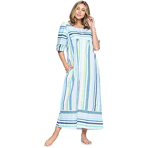 Casual Nights Women's Zip Front Woven House Dress | 3/4 Sleeves Housecoat Long Duster Lounger - Blue - XX-Large Cover