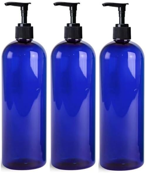 MountainLeaf 3 Pack 16 oz (475 ml) Slim Round Plastic PET Bottles with Black Lotion Pump Dispensers | Shampoo Lotion Soap DIY Bottles | Made in USA (Blue Bottle) image 2