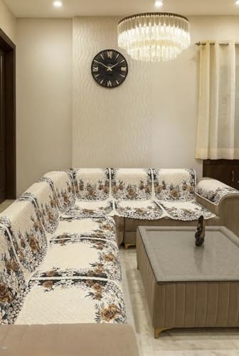 Image of BALLEY L Shape Sofa Cover Set, Cream Floral Print, Quilted, 14 Piece Set for Living Room