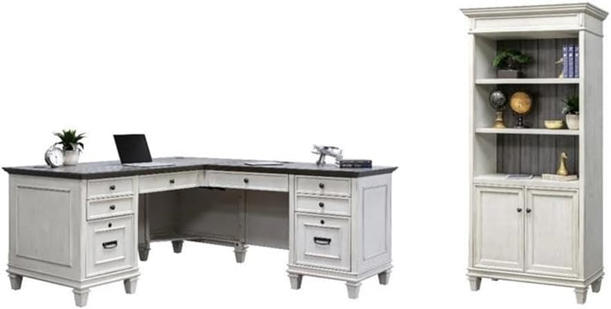 BOWERY HILL Set of 2 L-Desk Writing Office Desk and Bookcase with Doors in White