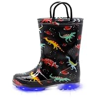 EUXTERPA Toddler Kids Waterproof Light Up Rain Boots Patterns and Glitter Boots with Handles for Boys, Black Dinosaur, Big Kid Size 2