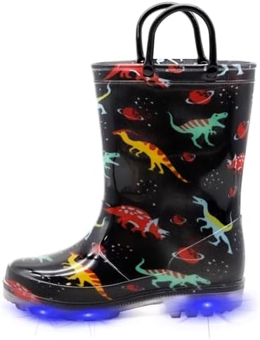 EUXTERPA Kids Toddler Light Up Rain Boots Boys Waterproof Patterns and Glitter Boots with Easy On Handles, Black Dinosaur, Little Kid Size 11