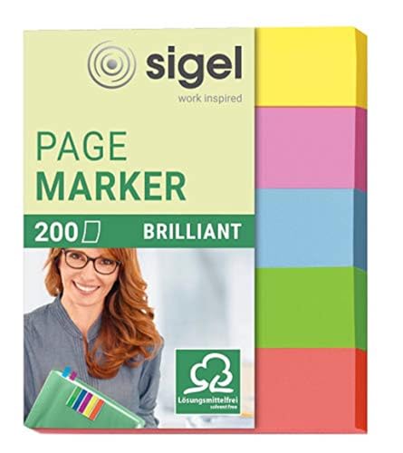SIGEL HN625 Marcapáginas de papel adhesivos, funda de 200 tiras de 50 x 12 mm, 5 colores