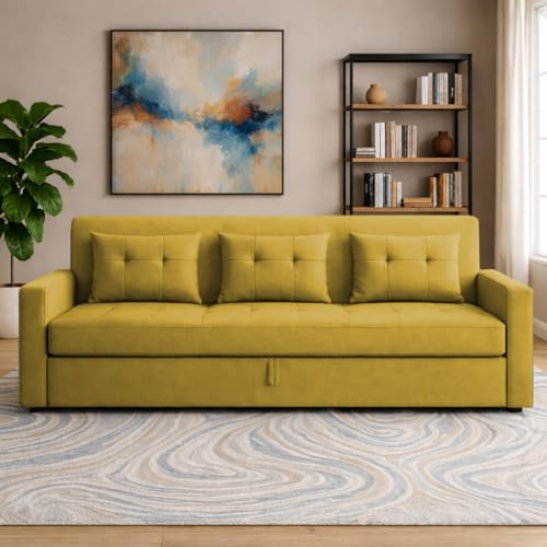 Image of Casaliving Treshta 3 Seater Pull-Out Premium Fabric Sofa Cum Bed Sofa Set for Living Room (Yellow Fabric Color) Premium Fabric Sofa Set for Living Room Sofa Cum Bed