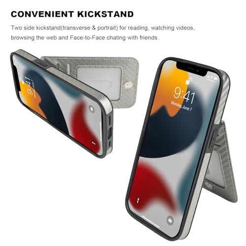 Image of KIHUWEY Compatible with iPhone 13 Case Wallet with Credit Card Holder, Premium Leather Magnetic Clasp Kickstand Heavy Duty Protective Cover for iPhone 13 6.1 inch (Carbon Gray)