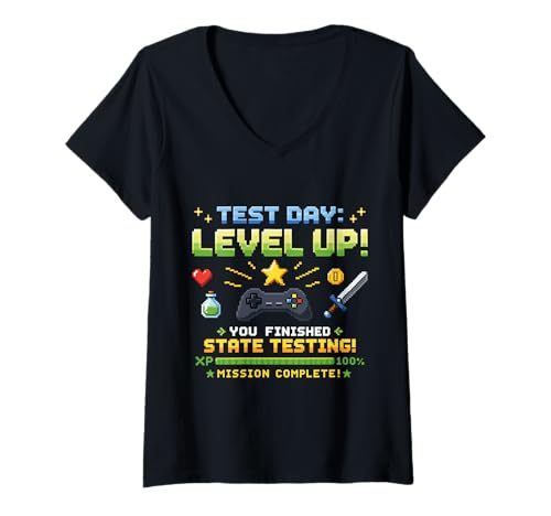 Women's Test Day Level Up Funny Gamer Student State Testing V-Neck T-Shirt