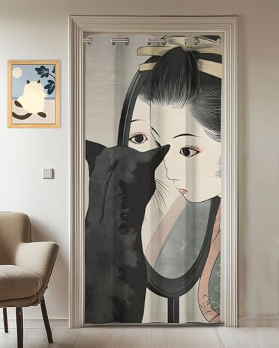 Skausen 暖簾 のれん 遮光 和風 伝統 黒い猫 浮世絵風 着物の女 カーテン プライバシー保護 壁掛け おしゃれ ベッドルーム キッチン リビング カフェ 店舗 取付簡単 ナチュラルデザイン 幅99×丈198cm