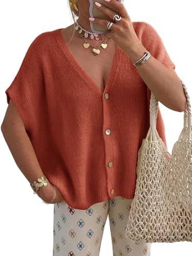 Image of Saodimallsu Womens Summer Oversized Cardigans Batwing Short Sleeve Lightweight Button V Neck Casual Knit Sweater Tops
