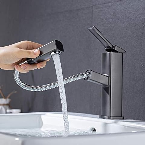KAIYING Bathroom Sink Faucet with Pull Out Sprayer, Single Hole Utility Bar Sink Faucet, Lavatory Pull Down RV Sink Faucets with Rotating Spout, Single Handle (Regular, Gray) Cover