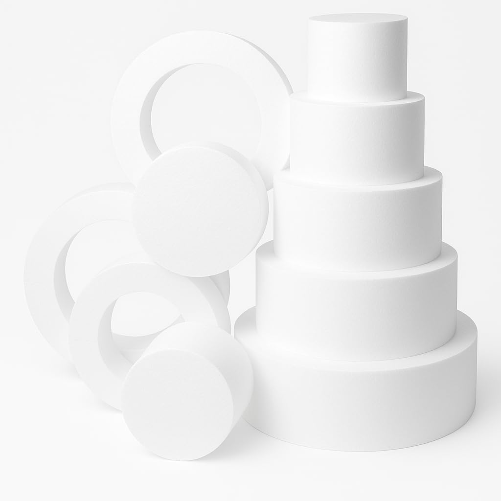 Oasis Supply "Hollow Donut Style EPS Styrofoam Dummy Cake Set - 5" High by 6" 8" 10" 12" 14" -- Stack up to 5 Tiers