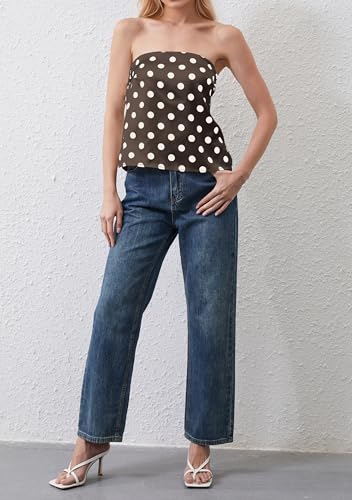 Womens Polka Dots Strapless Satin Tube Tops Casual Cute Off Shoulder Shirts Sleeveless Bandeau Tops Y2k Summer Silk Tank Tops4