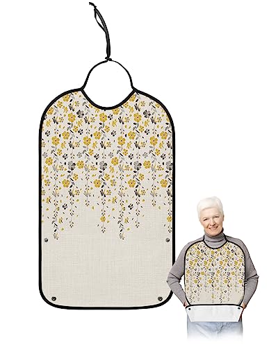 Kewadony Adult Bibs for Elderly Women - Yellow Grey Florals Waterproof Dining Clothing Protectors with Crumb Catcher for Eating/Feeding, Spring Weeping Flowers Linen Texture Terry Cloth Bib Washable