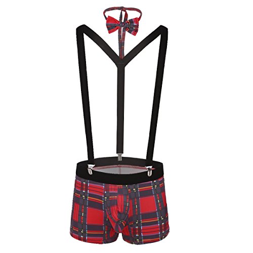YEAHDOR Men's Sexy Plaid Schoolboy Lingerie Set Boxer Shorts with Y Back Suspender Bowtie - Image 8