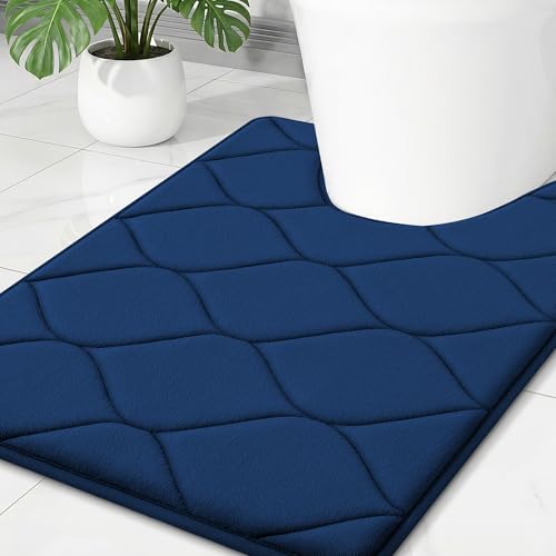 Image of Smiry Memory Foam U-Shaped Toilet Mat 24x20, Soft Absorbent Toilet Rugs | Navy Blue, Plush Quick Dry and Machine Washable Cushion Contour Rug for Toilet, Shower, Tub & Home Decor