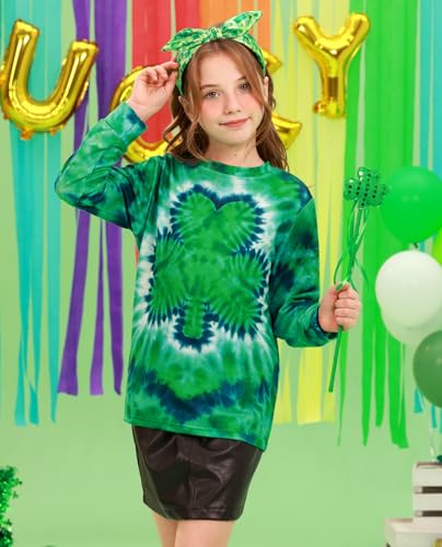 Image of Unisex Kids St. Patrick's Tie Dye Irish Clover Long Sleeve Shirt Shamrock Green Sweatshirt 6-14 Years