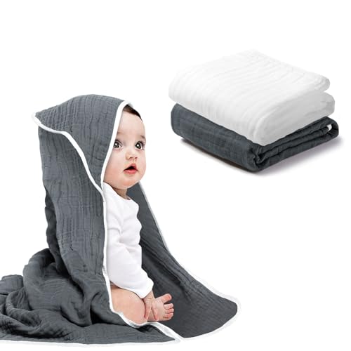 Image of Arnzion Baby Hooded Towels for Babies and Toddlers, Muslin Baby Bath Towel Soft and Absorbency for Boys and Girls (Dark Grey White 2 Pack)