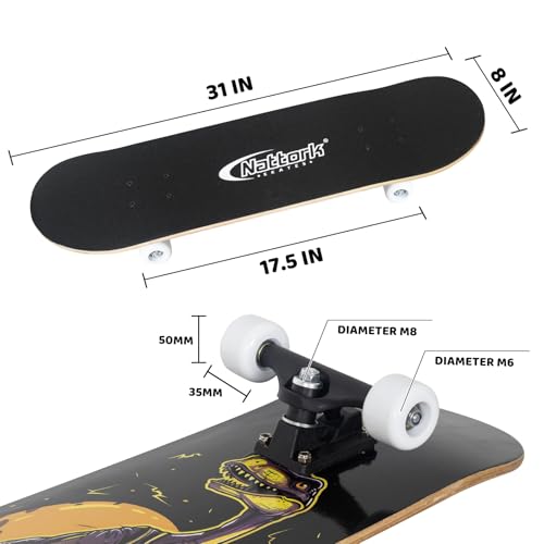 Image of Nattork 31 Inch Complete Skateboard, Standard Skateboards for Beginners, Wood 9 Layer Canadian Maple Trick Skate Boards for Boys Girls Youth Teens Adults