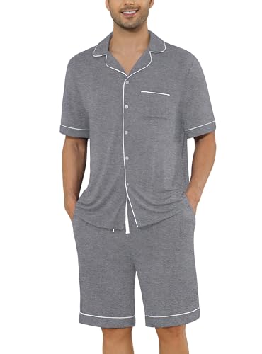 Image of Veseacky Men's Button Down Pajama Set Short Sleeve Shorts Modal Soft Sleepwear Loungewear Pjs with Pockets S-XXL