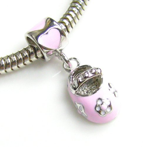Rhodium-Plated Sterling Silver Pink Little Baby Girl 3-D Shoe Dangle European Bead Charm2