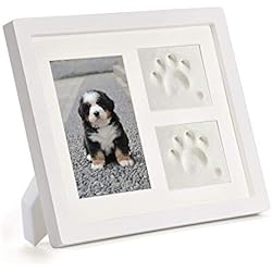 Marco para Foto Blanco,Marco Doble para Foto y Huella de Pie para Perro y Gato,Decoraciones para Pared y Mesa con Kit de Impresión de Arcilla -Blanco/Blanco