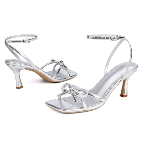 Image of Goderci Kitten Heels with Bow Strappy Heels for Women | Square Open Toe, Mid Heeled Sandals