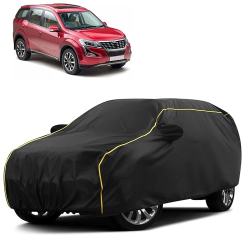 Image of Sulfar 100% Water Resistant Car Body Cover Compatible with Mirror for Mahindra XUV 500 (Triple Stitched, Full Bottom Elastic, Black Taffeta with Yellow Piping)