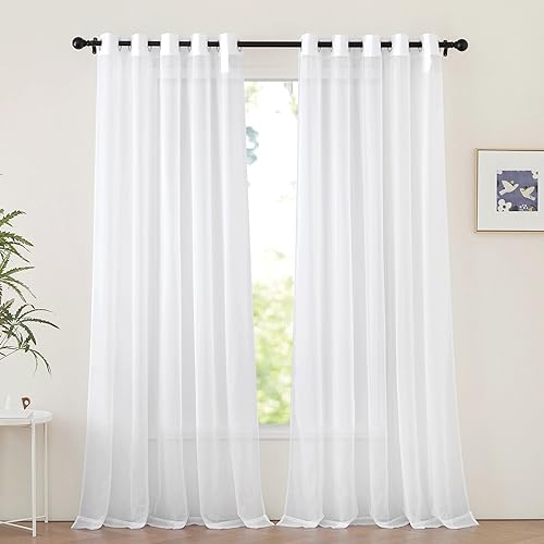 Image of NICETOWN White Sheer Sliding Door Curtains 90 inches Long for Living Room, Grommet Elegant Soft Voile Sheer Textured Airy & Breathable Window Treatments for Bedroom, W66 x L90, 2 Panels