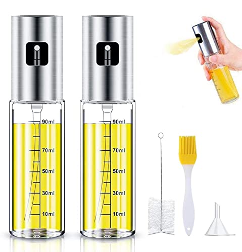 Vaporisateur huile d'olive,Pulvérisateur d'Huile Olive Vinaigre avec Anti-Fuite Distributeur en Acier Inoxycable,Boutille d'Huile en Verre avec 2Brosse et 1Entonnoir pour Cuisine/Cuisson/BBQ(2PCS)