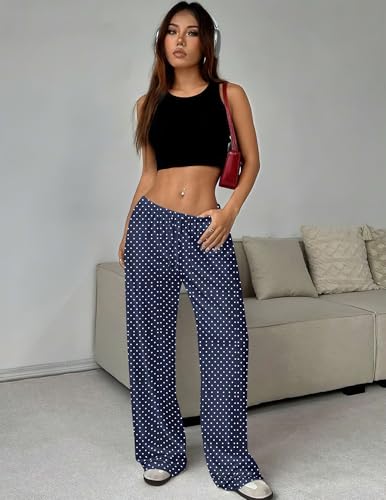 Image of Ekouaer Women Pajama Pants Comfy Pj Bottom with Pockets Stretch Plaid Sleepwear Polka Dots-Blue Large