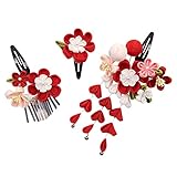 OTAKUMARKET 七五三 髪飾り 成人式 3点セット 振袖 浴衣 和装 つまみ細工 髪 飾り 着物 髪飾り 袴 卒業式 結婚式 鈴付き 三歳 七歳 女の子 ガールズ 4カラー (赤)