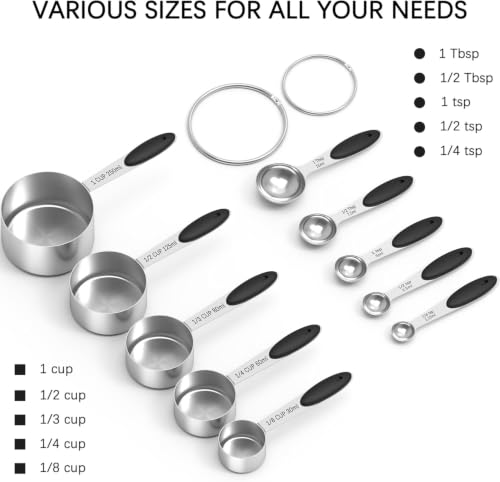 Stainless Steel Measuring Cups and Spoons Set with Silicone Handle – Nesting Design for Space-Saving, Heavy Duty & Dishwasher Safe for Dry/Liquid Ingredients, Cooking & Baking (10, Black) - image 2