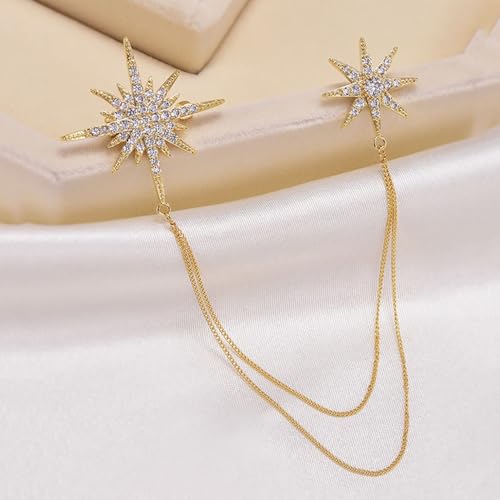 Image of Gold Crystal Star Chain Tassel Brooch Pin for Women Men,Glitter Rhinestone Lapel Pins Dress Suit Accessories,Silver Wedding Anniversary Fringe Brooch