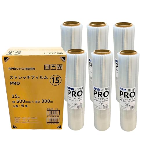 【箱売り】APM PRO 梱包用 ストレッチフィルム 15μ 500mm×300m 6巻セット 強力･万能 梱包用ラップ [梱包材・梱包フィルム]の商品画像（Amazon）