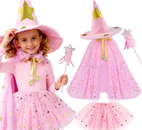 iROLEWIN Wizard-Cloak-Witch-Costume for Kids Hat Star Wand Tutu Fairy Princess-Dress-up as Girls Birthday Gift Party Cosplay
