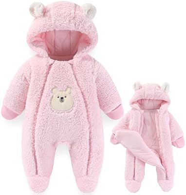 Fairy Baby Thick Fleece Snowsuit for Infants - Double Zipper Bear Outfit Winter Jumpsuit, Pink 3-6M