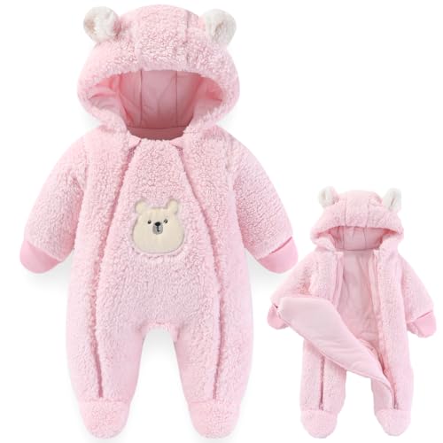 Fairy Baby Thick Fleece Snowsuit for Infants - Double Zipper Bear Outfit Winter Jumpsuit, Pink 3-6M