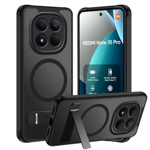 Tawarror Cover Magnetica per Xiaomi Redmi Note 15 Pro 4G(Non applicabile al 5G), Traslucida Opaca Custodia con Supporto, PC Posteriore Anti-Graffio TPU Antiscivolo Protettiva Case, Nero
