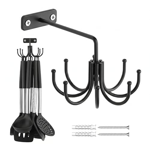 Image of ZEDODIER Kitchen Cooking Utensil Holder, 360 Rotating Kitchen Hooks for Hanging Utensils, Heavy Duty Metal Utensil Rack with 8 Storage Capacity for Utensil, Towel, Pot, Glove, Aprons, Black