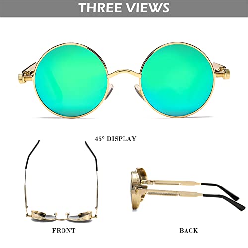 Hjstes Vintage Round Steampunk Sunglasses For Women Men Circle Gothic Glasses Retro Metal Frame(Green Mirror/Gold Frame) #TOP4
