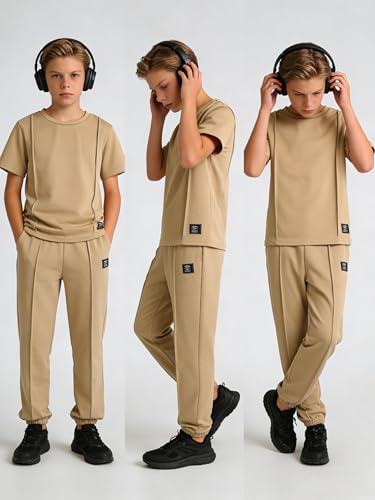 Image of OLMRJKD Boys 2 Piece Outfits Color Block Clothes Short Sleeve T Shirt and Camouflage Pants Summer Clothing Sets