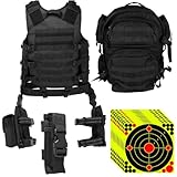 BARSKA Loaded Gear VX-100 Tactical Vest & Leg Platform, One Size, Bundle with Vism Tactical Back Pack, Vism Single Pistol Magazine Pouch, 10x 12x12 Splatter Bullseye Shooting Target Stickers