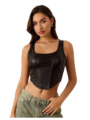 Floerns Women's Square Neck Asymmetrical Hem Sleeveless Shirts PU Leather Club Tank Top